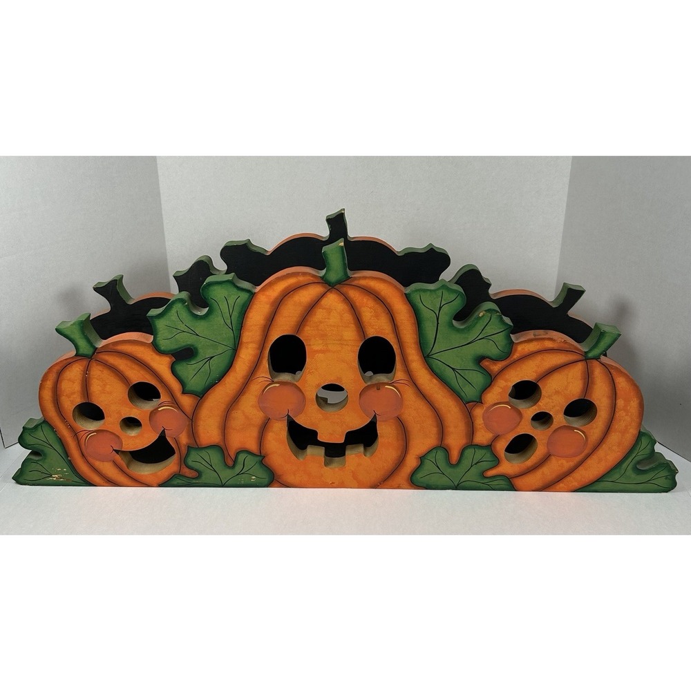 Large Wooden Hand Painted Jack-O-Lantern Candle Holder Display 27"